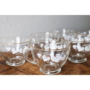 1950s Anchor Hocking Gold Rimmed Glass White Ivy Pattern 6pc